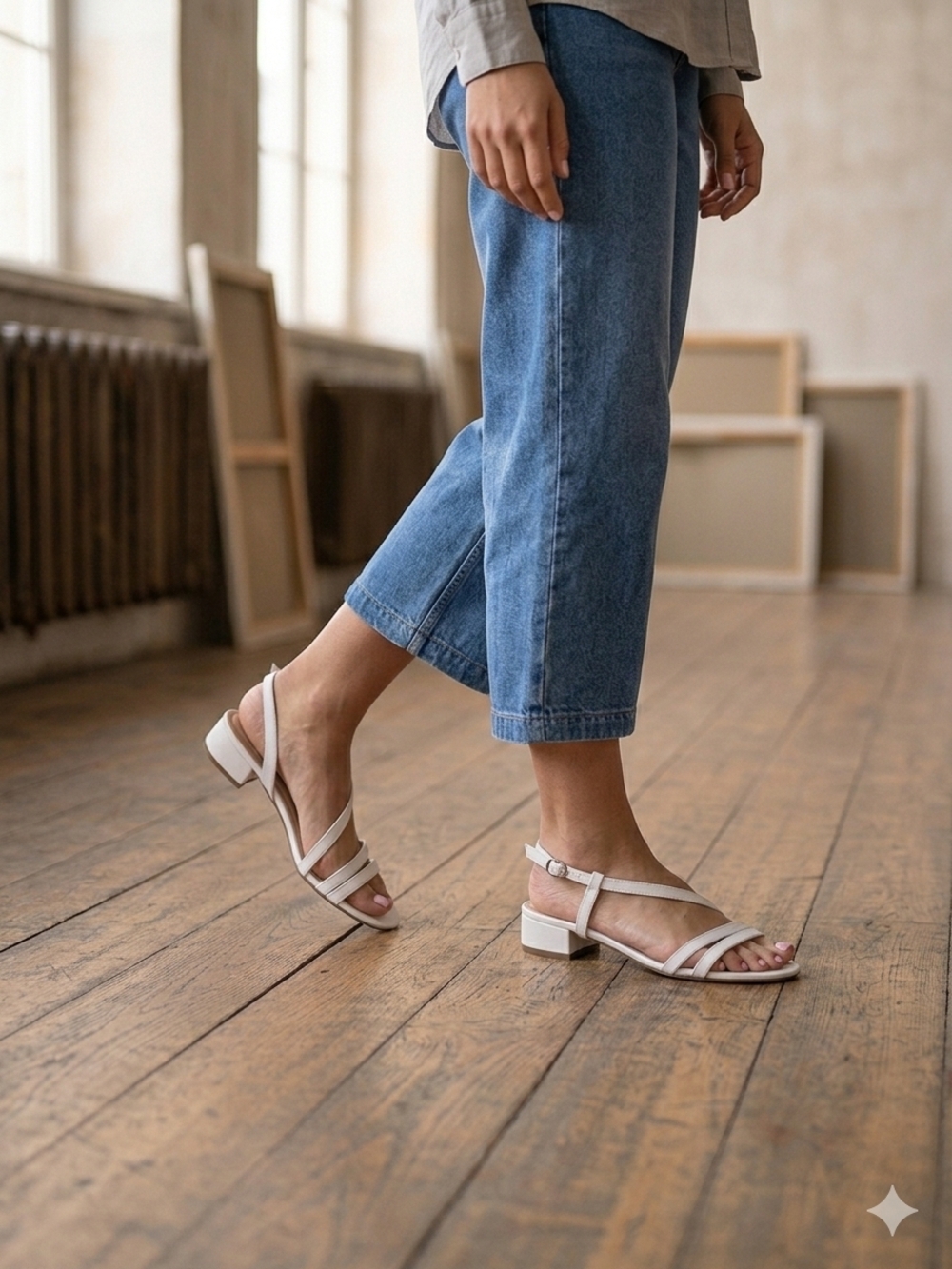 Women's Cream Strappy Low Block Heel Sandals